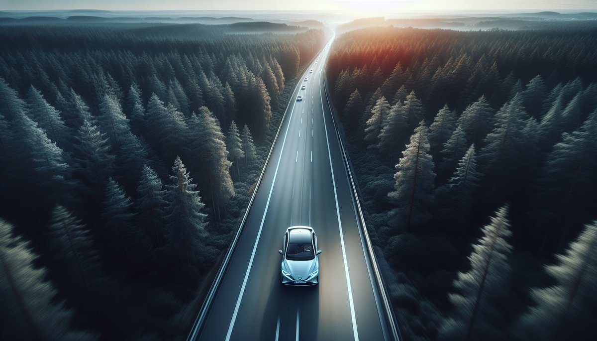 Sparsames Hybridauto auf einer deutschen Autobahn umgeben von Wäldern